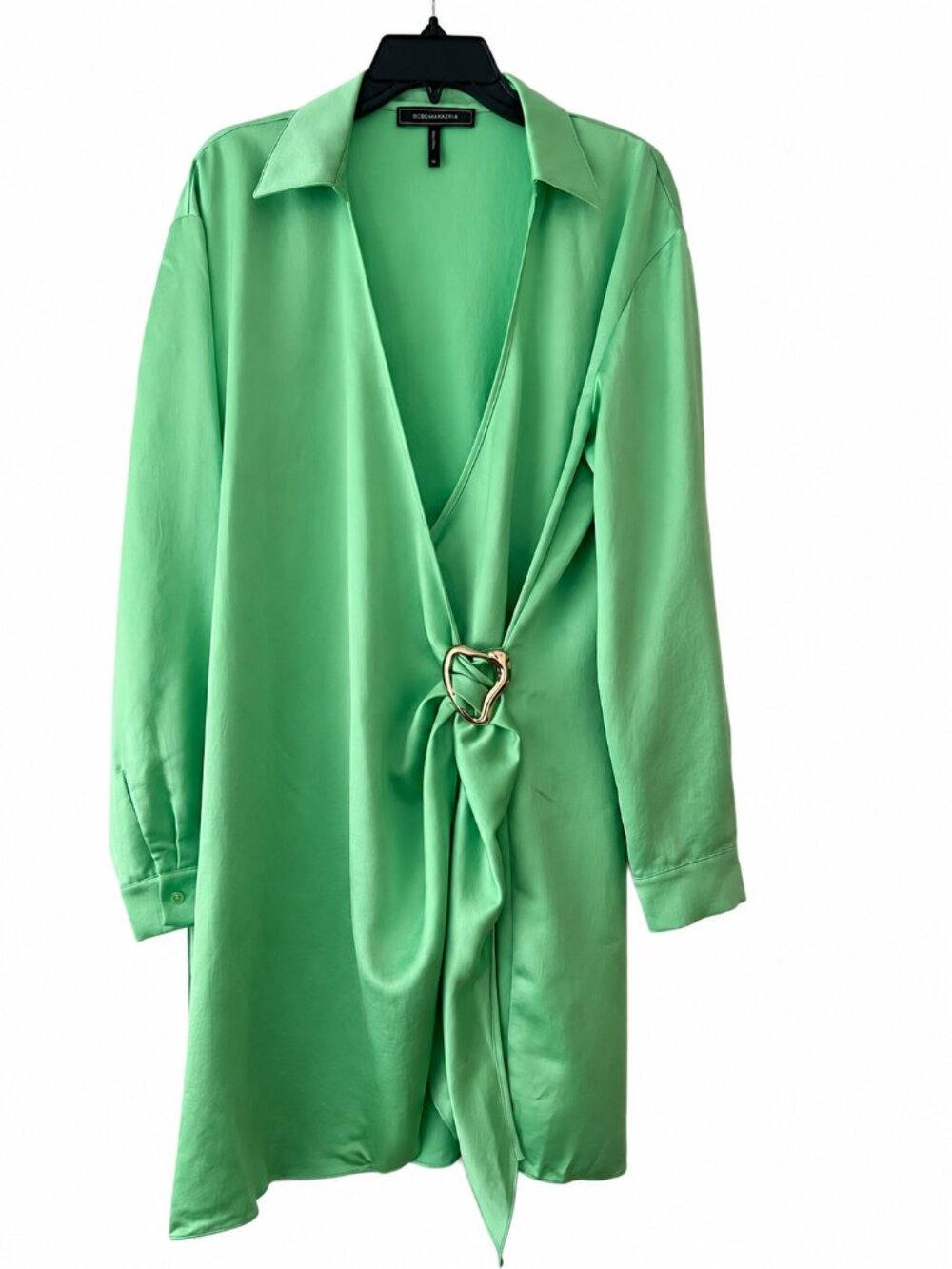 BCBGMAXAZRIA Green Satin Wrap Dress with Sculptural Gold Buckle XL